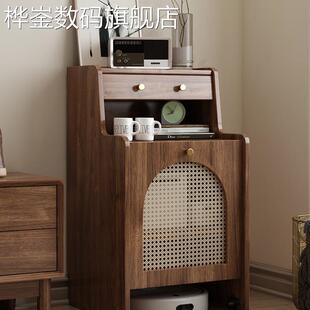 桦崟实木扫地机器人置物架藤编沙发边柜扫地机上方置物柜无底收纳柜床笠拉车