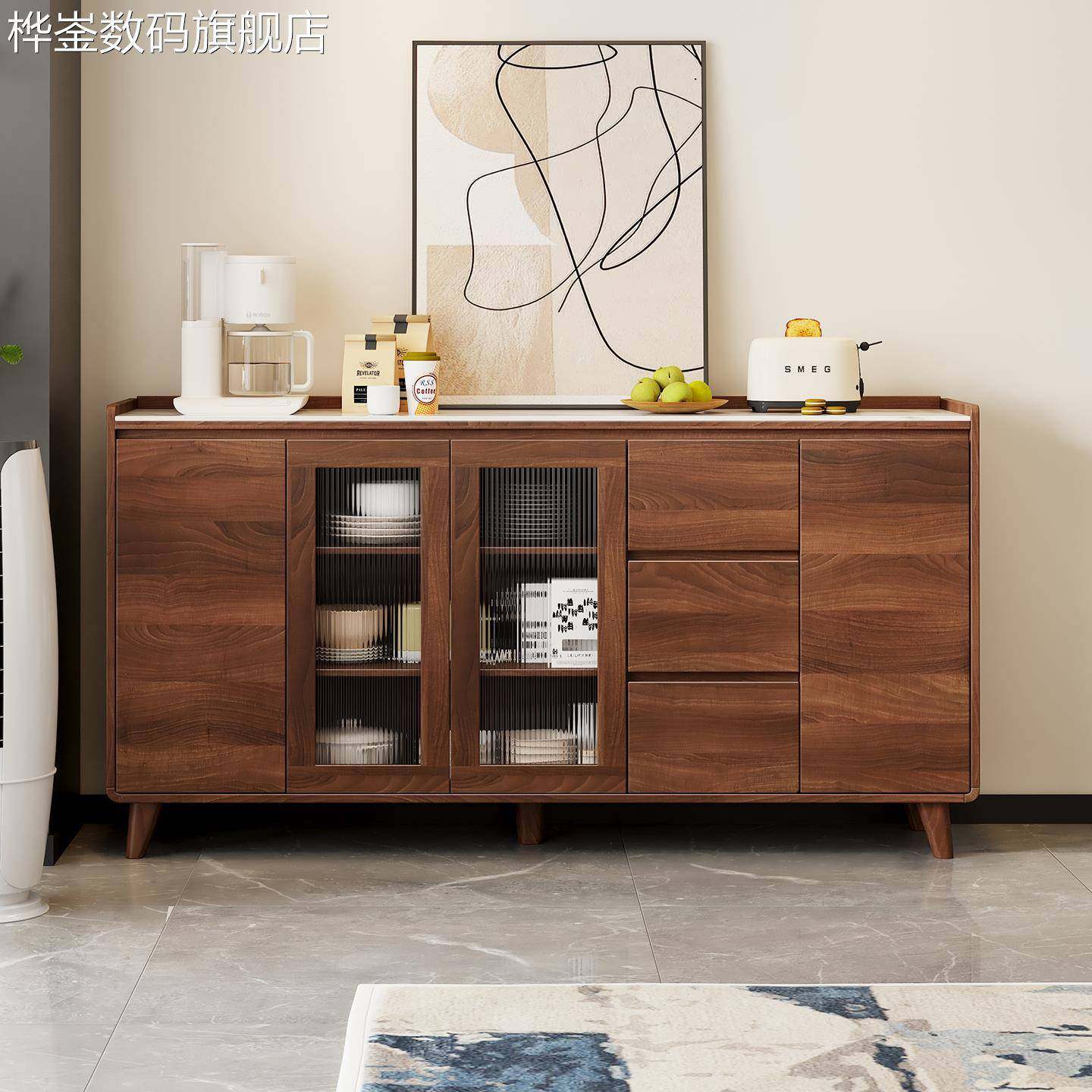 麦比梵全实木餐边柜靠墙一体客厅厨房家用新中式岩板玄关柜茶水柜多功