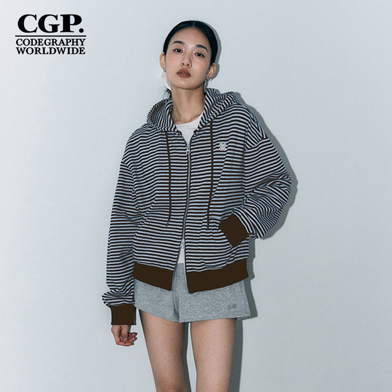 CODEGRAPHY韩国25秋冬百搭休闲条纹连帽卫衣开衫外套女CBEWWTC050