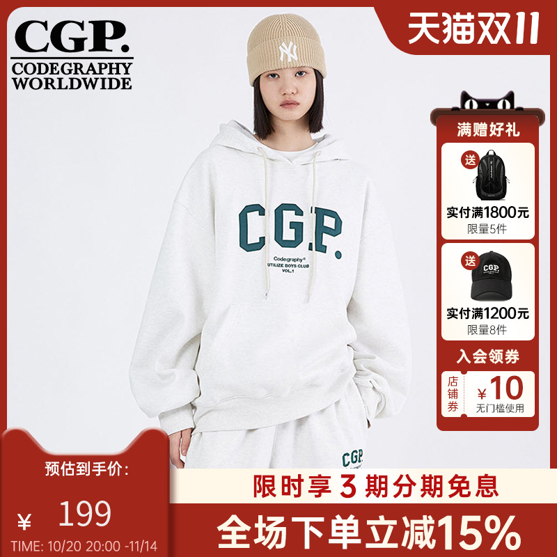 CODEGRAPHY韩国CGP春季时尚logo加绒卫衣连帽套头衫CBCFUTH100