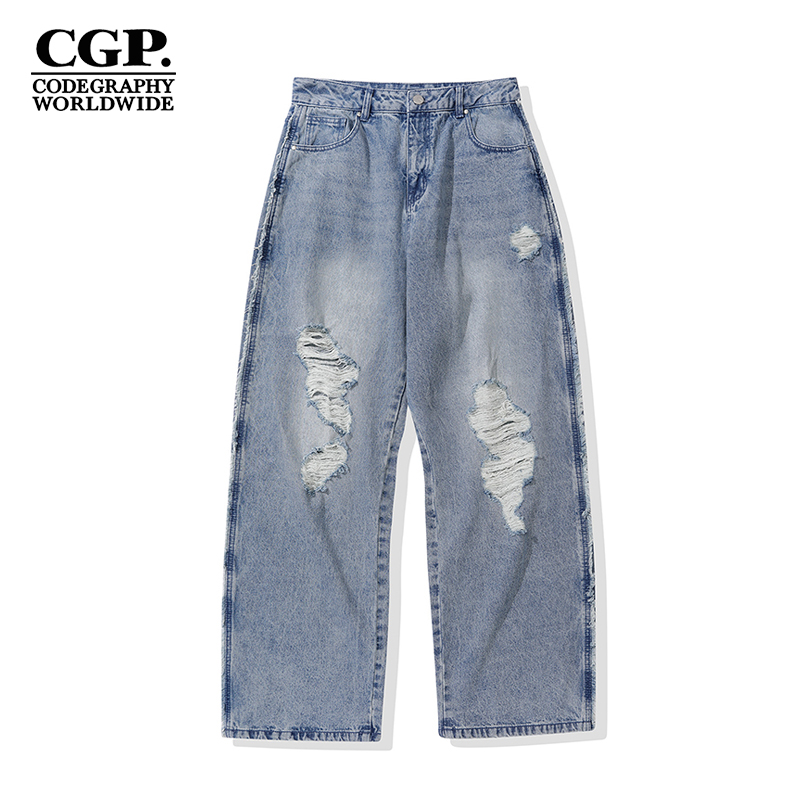CODEGRAPHY韩国CGP25新款女款时尚全棉破洞直筒牛仔裤CBEUWDP503