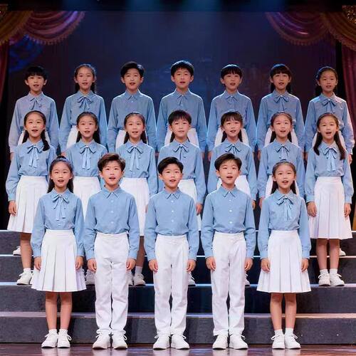 蓝色儿童合唱演出服爱国主题蝴蝶结领带衬衫学生表演服装