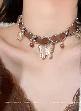 美拉德重工蝴蝶项圈女高级感复古棕色choker皮革项链轻奢小众颈链