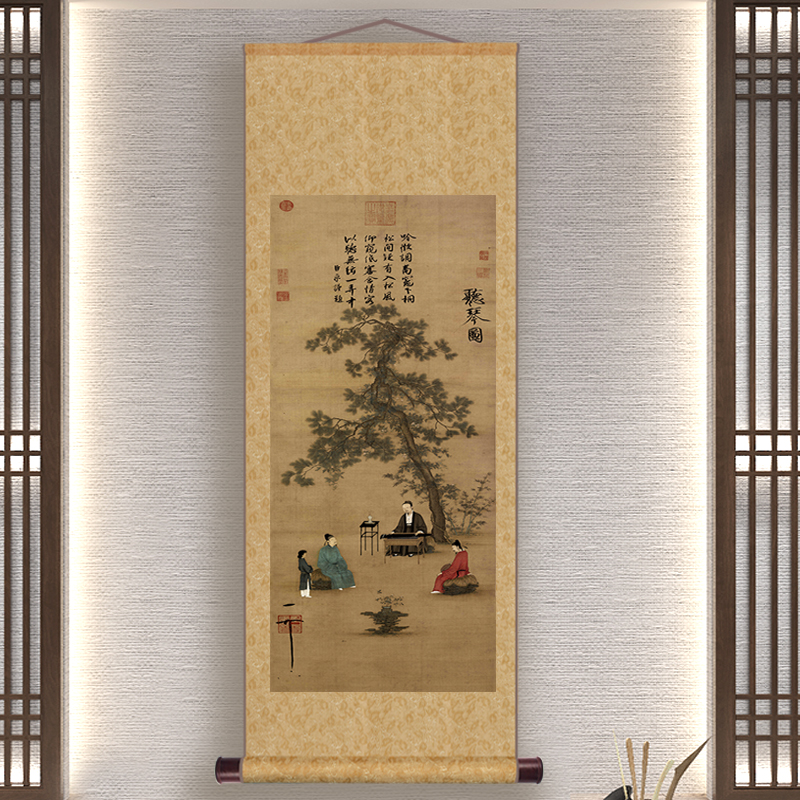 中式装裱丝绸卷轴挂画竖版听琴图名家仿古字画茶室玄关装饰画壁画图片
