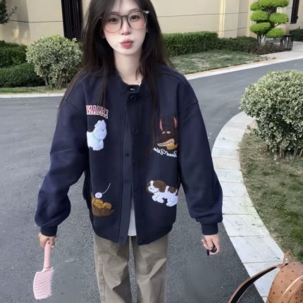 美式复古小狗刺绣开衫卫衣女2025新款春秋设计感小众宽松情侣外套