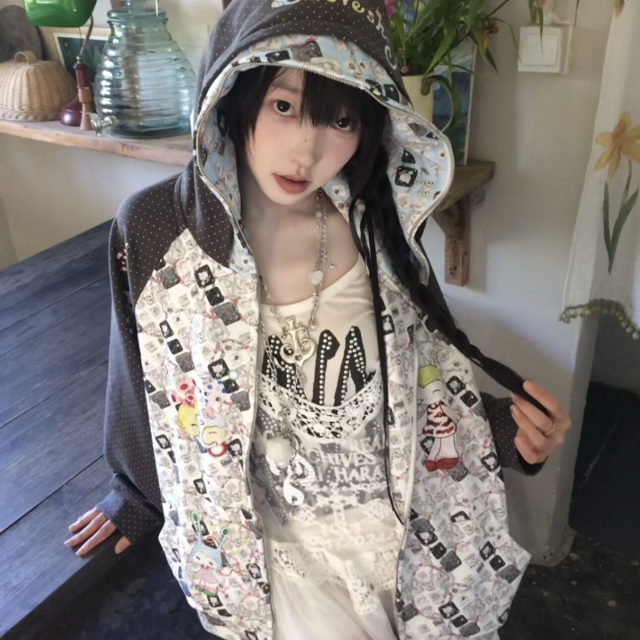 【无忧试穿】撞色波点双层帽卫衣