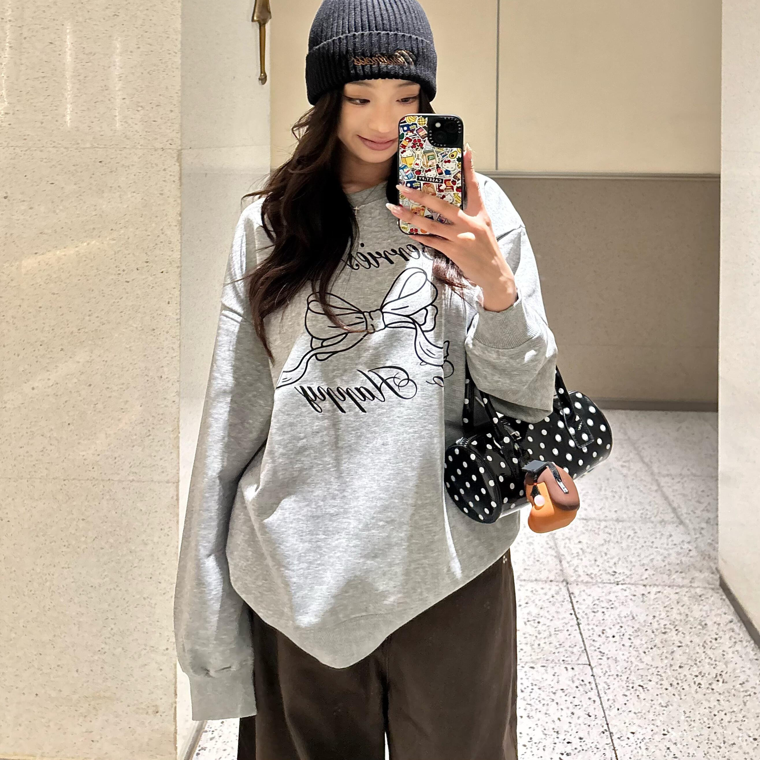 美式复古蝴蝶结印花圆领卫衣女秋冬加绒2025新款宽松时尚松弛感潮