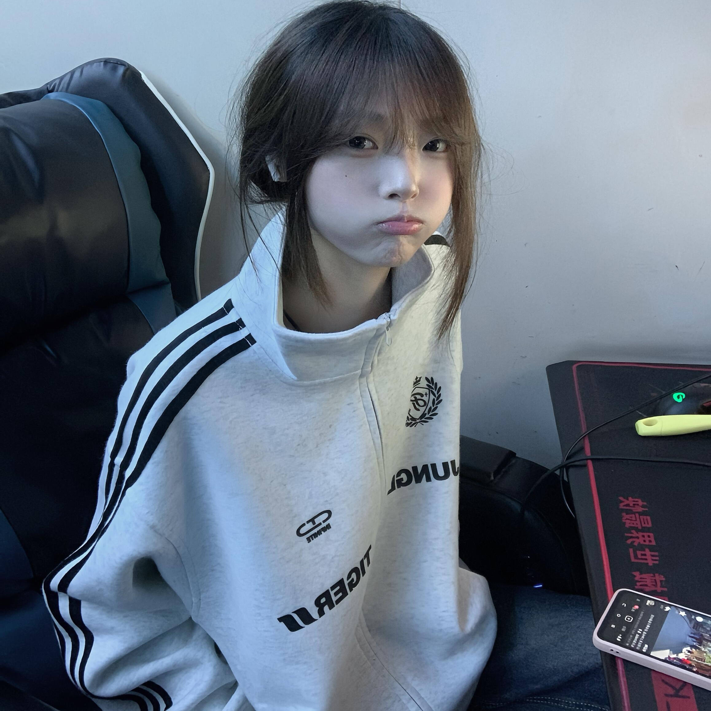 美式高街三条杠字母印花立领卫衣外套女秋冬加绒宽松休闲运动开衫