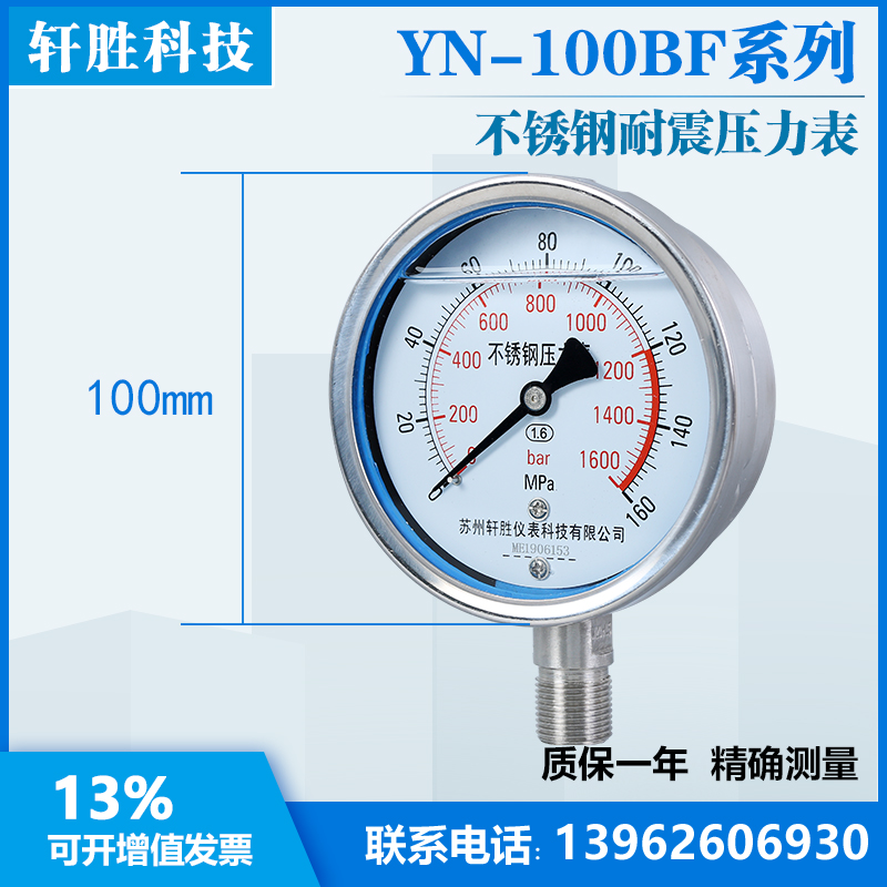 YN100BF 160MPar 1600bar 抗震液压压力表 耐震不锈钢压力表