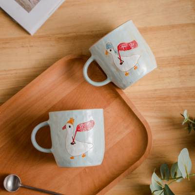 景德镇原创手绘做旧粗陶杯创意加油鸭陶瓷杯情侣礼物可爱马克杯