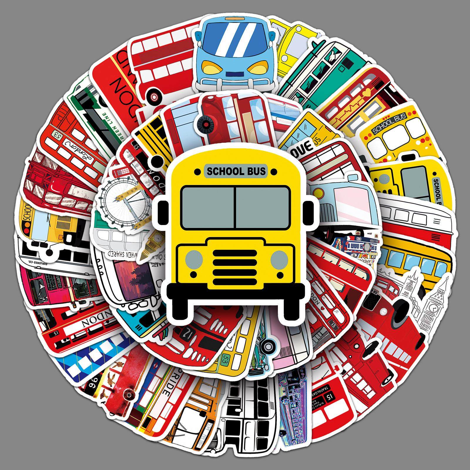 50张巴士涂鸦个性卡通儿童咕卡DIY滑板水杯笔记本行李箱贴纸防水