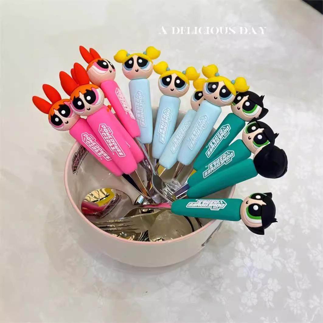 飞天小女警创意高颜值304不锈钢勺子叉便捷餐具套装儿童勺甜品叉