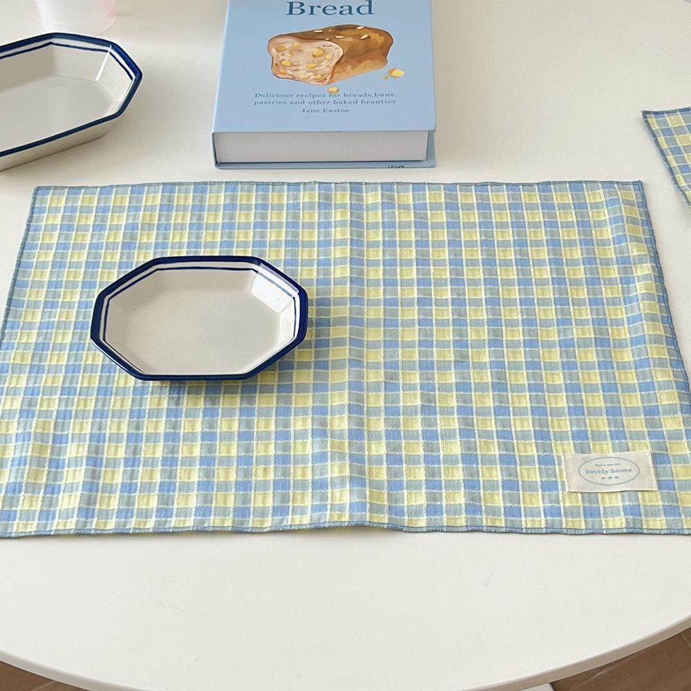 lovelyhome独家ins提花蓝黄撞色布艺双层餐垫格纹餐巾装饰垫杯垫,居家布艺,餐垫,淘宝优惠券,粉丝福利购,淘宝优惠卷