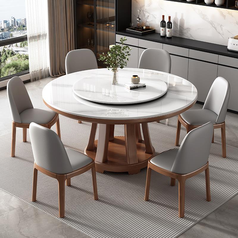 实木高端岩板餐桌椅现代简约家用酒店大圆桌带电磁炉旋转圆盘饭桌