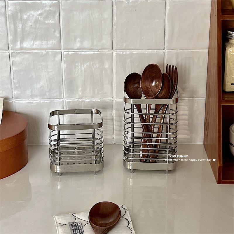 简约厨房台面不锈钢筷子叉勺餐具筒沥水置物架筷子笼金属筷架收纳