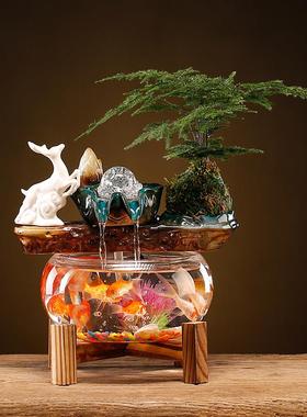 中式家装办公室无障碍豪华流水财富饰品全自动水循环台式小金鱼缸