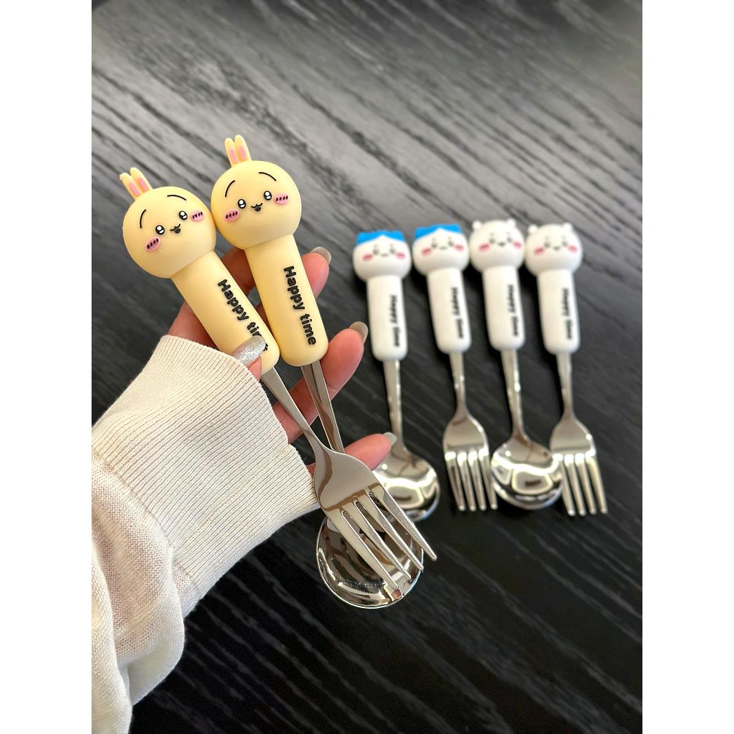 Jiyikawa的新硅胶头不锈钢304叉子，勺子和筷子集可爱的便携式儿