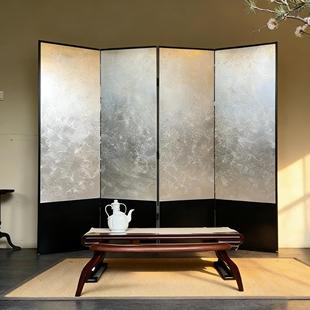 折叠简约碎银箔客厅沙发背景手绘漆画日式空白素面屏风隔断定制