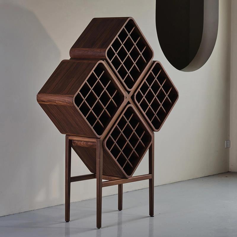 新中国风棱形实木酒架2025经典无障碍豪华黑胡桃木酒架葡萄酒存储