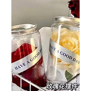 冰封玫瑰花朵透明易拉罐桌面装饰摆件仪式感礼品纪念日装饰品束