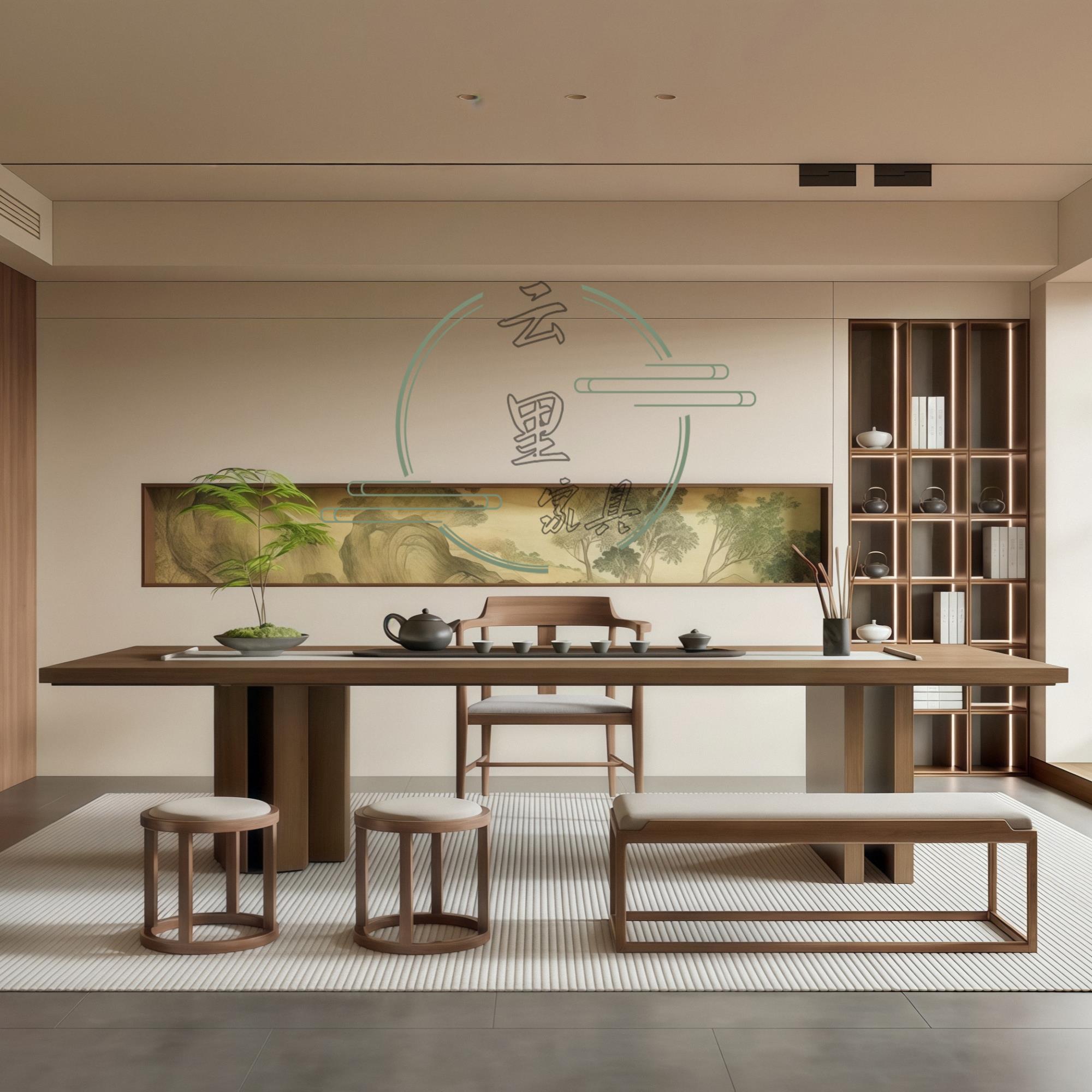 新中式茶桌椅组合简约创意茶台茶几中古胡桃原木会所酒店定制家具