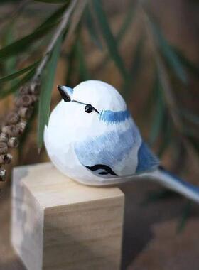 玄机岛原创 肥啾 木雕小鸟 生日礼物 灰蓝山雀纯手工实木桌面摆件