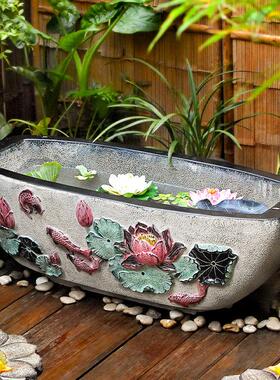 庭院户外古法鱼缸阳台成品养鱼池室外带流水小水景落地流水摆件