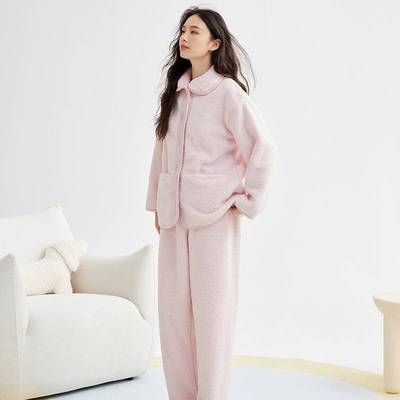南通东帝纯棉睡衣珊瑚绒睡衣女士秋冬季女款家居套装纯色加厚保暖