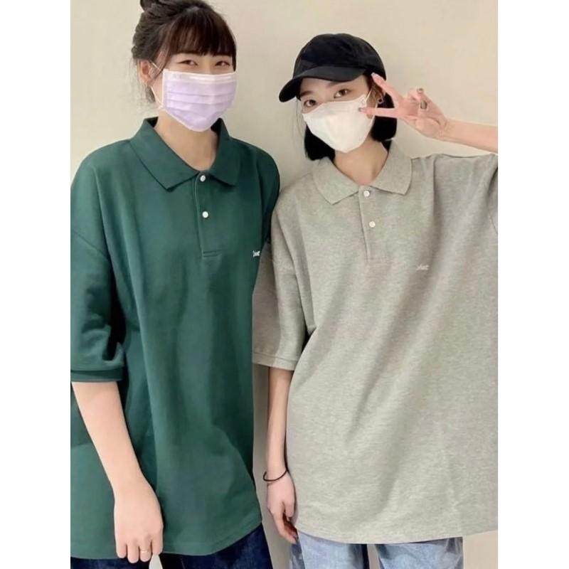 短袖重磅复古刺绣小标POLO衫t恤夏男女休闲宽松纯色打底大码宽版