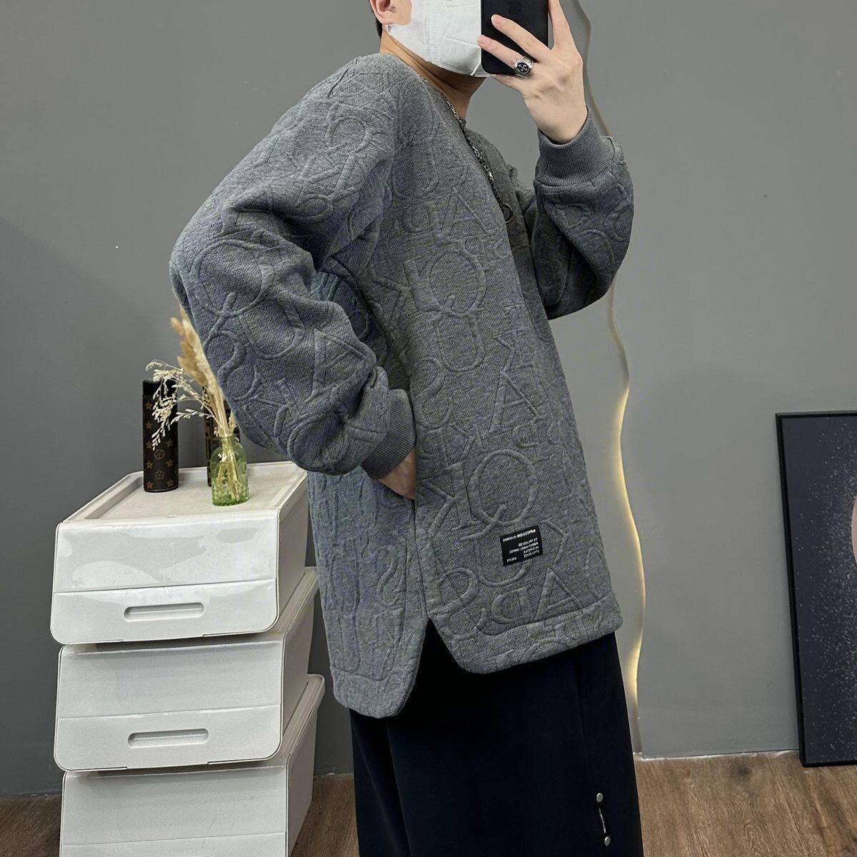 秋季秋冬立体浮雕印花隐藏式男生卫衣套头圆领宽松压花加绒加厚10