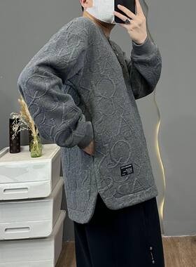 秋季秋冬立体浮雕印花隐藏式男生卫衣套头圆领宽松压花加绒加厚10
