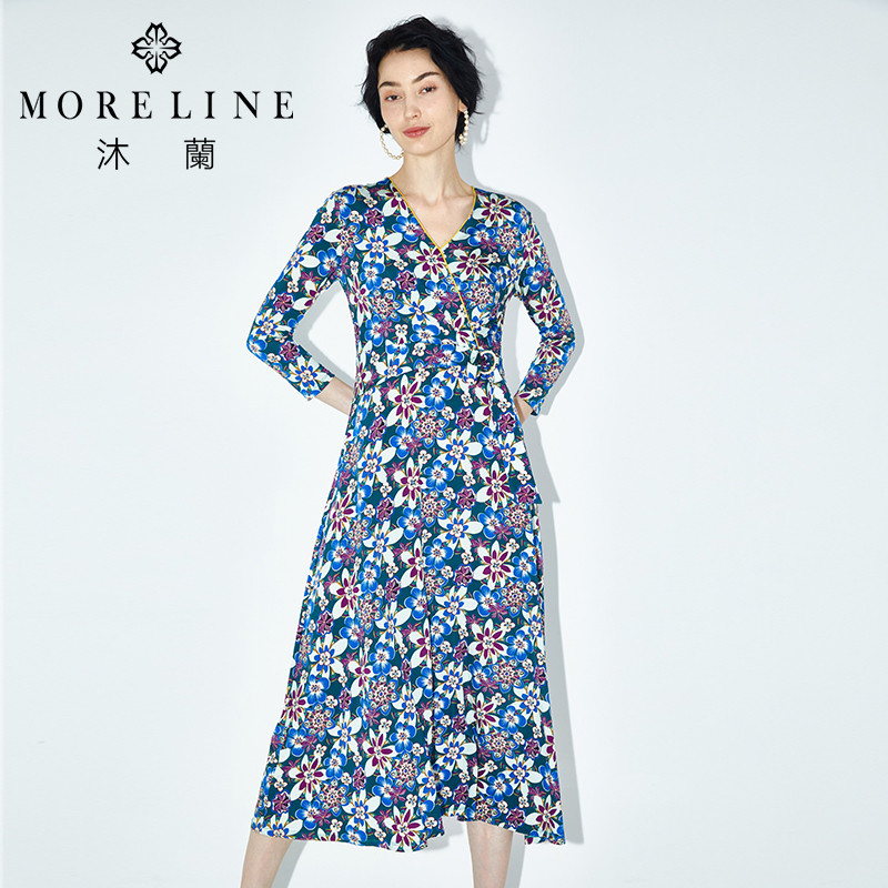 MORELINE商场同款春季艺术印花田园风长袖针织连衣裙女中长裙