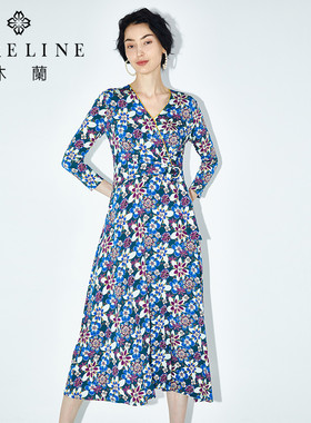MORELINE商场同款春季艺术印花田园风长袖针织连衣裙女中长裙