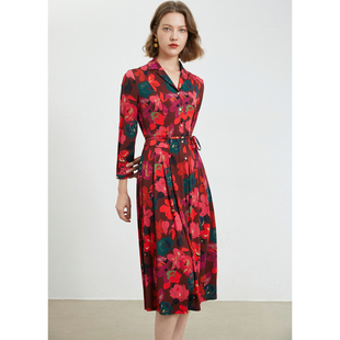 MORELINE沐兰商场同款2025年秋季新款法式印花商务系腰翻领连衣裙