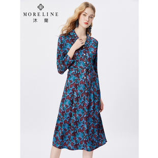 MORELINE沐兰2025年春法式优雅印花连衣裙翻驳领A字裙中长款