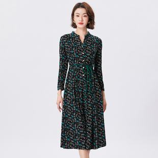 MORELINE商场同款设计感碎花连衣裙秋装立领修身抽绳收腰中长裙