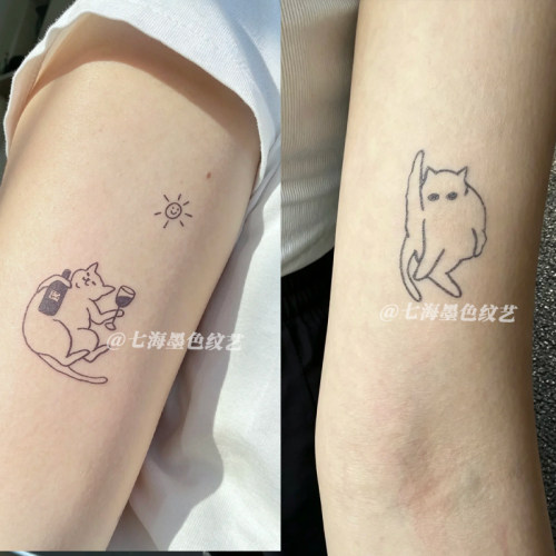 抽象端红酒杯的小猫ins果汁纹身贴草本半永久手臂情侣刺青贴纸