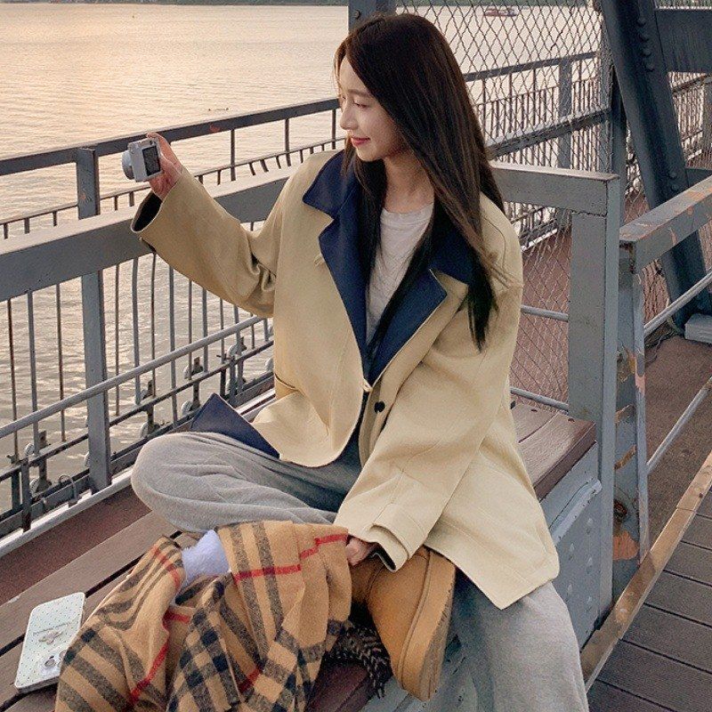 2025年冬季新款宽松短款拼接风衣