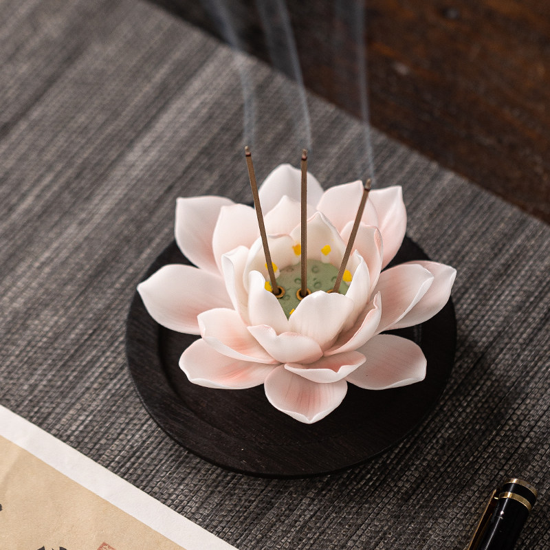 三孔线香插冰种玉瓷纯手工莲花供佛香插摆件香案家用室内书房香座