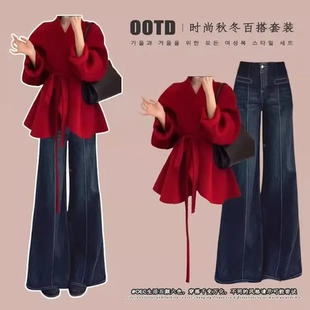 红色春秋季小个子牛仔裤女两件套设计感小众遮肉套装外套减龄新款