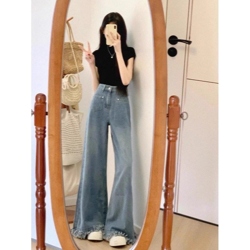 大码胖mm美式复古高腰阔腿牛仔裤女夏季流苏毛边显瘦直筒拖地长裤