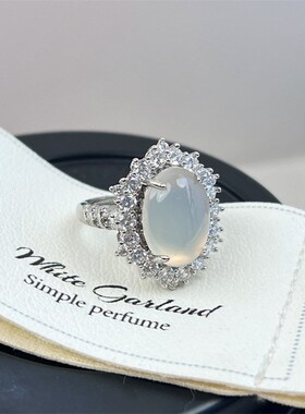 新中式天然冰种起光白玉髓戒指 大鸽子蛋戒指女 高级感气质指环