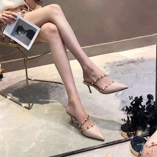 柳钉细跟百搭网红尖头半拖鞋 新款 包头女 女外穿2020夏季 高跟凉拖鞋