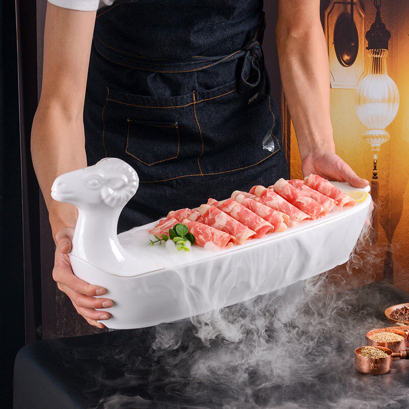网红商用特色火锅店涮羊肉卷专用干冰餐具创意羊形状造型摆菜盘子图片