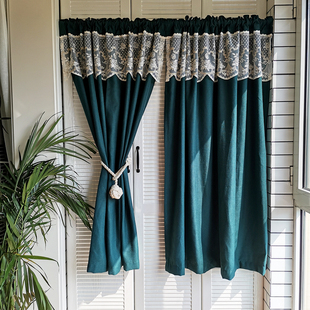 美式乡村复古纱幔窗帘门帘隔断帘墨绿色棉麻短帘布帘遮挡帘可定制