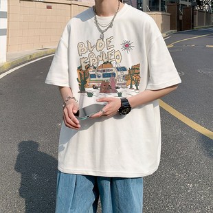 男小众设计感卡通涂鸦印花T恤潮流情侣夏装 320克重磅美式 潮牌短袖