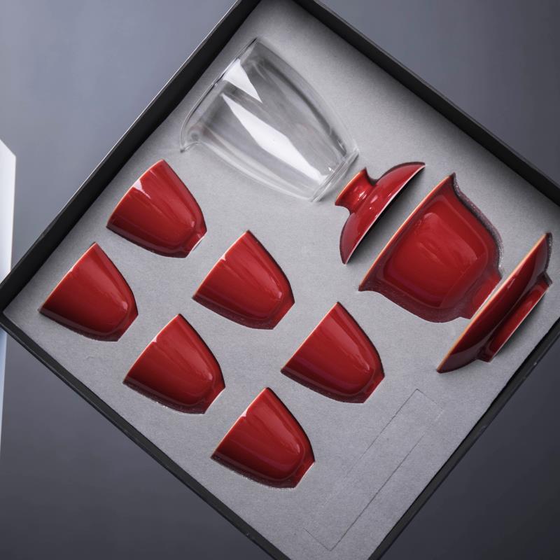 陶瓷茶具套装色釉红色盖碗功夫茶杯整套礼盒装婚庆结婚商务礼品