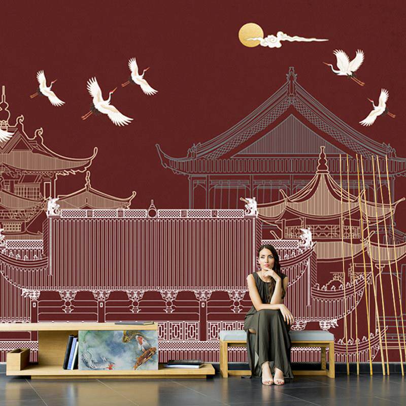 现代新中式山水壁纸楼阁雅致意境风壁画 画客厅沙发背景墙布茶室