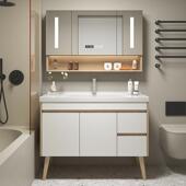 现代实木浴室柜组合化妆室落地式 洗手盆洗脸盆洗漱台柜陶瓷盆镜柜