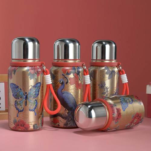爆款孔雀保温杯国风复古便携316不锈钢女生简约水杯印花时尚保温